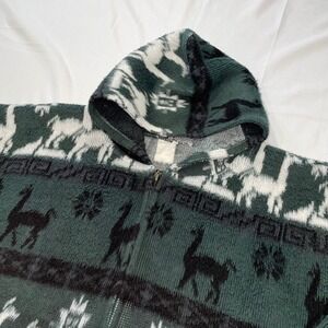 Vintage‎ Llama Pattern Zip Up Hoodie Forest Green Southwestern Knit Jacket XL